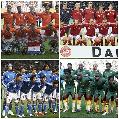 【서울=AP/뉴시스】= '오카다 재팬'은 2010 남아공월드컵에서 네덜란드, 덴마크, 카메룬(왼쪽 아래부터 시계방향)과 함께 E조에 편성되는 가혹한 운명을 맞았다.&nbsp; 유럽지역 예선에서 8전 전승을 거두고 본선에 오른 네덜란드가 조 1위를 차지할 것으로 보이며, 덴마크와 카메룬이 조 2위 자리를 놓고 각축을 벌일 전망이다.