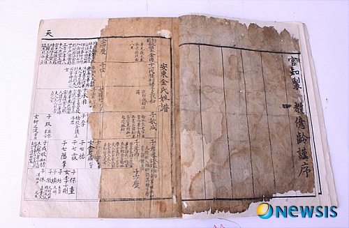 【대전=뉴시스】김양수 기자 = 오는 17일 '한국족보박물관 준공기념식'에 맞춰 열리는 기증유물 특별전 때 일반에 공개되는 '안동김씨성보(安東金氏姓譜)'. 이 족보는 1580년 펴낸 것으로 학계에 보고된 족보로는 3번째로 오래됐다.(사진=대전 중구청 제공) <관련기사 있음>&nbsp; photo@newsis.com