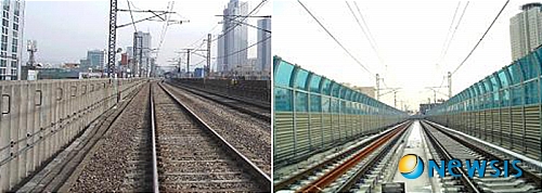 【서울=뉴시스】양길모 기자 = 서울시는 내년부터 2015년까지 서울지하철 2~4호선 지상구간 고가구조물에 설치된 방음벽에 대해 교체작업을 추진한다고 7일 밝혔다.&nbsp; 서울의 도시철도 전체 지상구간은 총 19.1㎞로 역사구간 3.6㎞를 제외한 15.6㎞가 방음벽 설치구간이다. 현재 4㎞는 교체완료 했으며, 시는 올해 시행중인 1.3㎞를 제외한 잔여구간 총 10.3㎞를 연차적으로 교체할 예정이다. (사진=서울시 제공)&nbsp; photo@newsis.com 