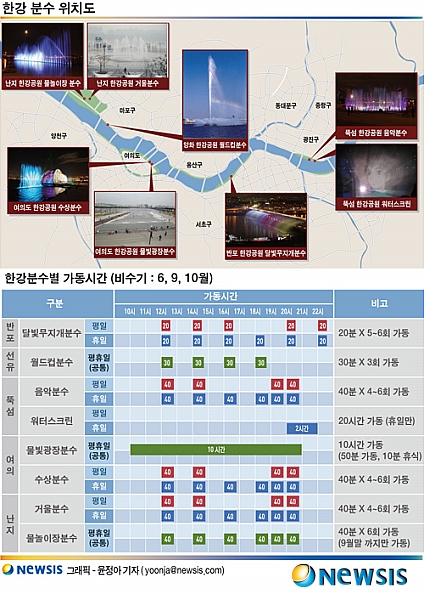 【서울=뉴시스】서상준 기자 (그래픽/윤정아) = 한강 분수 위치 및 분수별 가동시간 ssjun@newsis.com