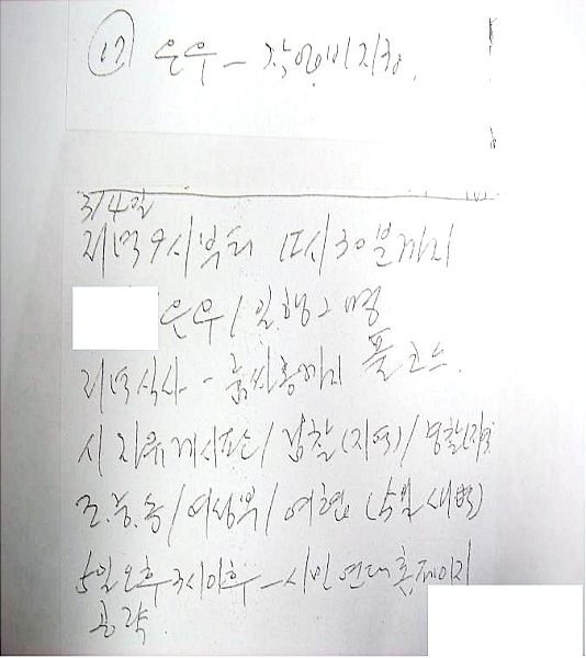 【수원=뉴시스】유명식 기자 = 교도소 장기복역 중 외부에 폭력조직을 결성, 선거에 개입하고 청부폭력 등을 일삼은 두목과 그 조직원 등 121명이 경찰에 붙잡혔다.&nbsp; 경기지방경찰청 광역수사대는 평택 '신전국구파' 두목 전모씨(51) 등 15명을 폭력행위 등 처벌에 관한 법률 위반 혐의 등으로 구속하고, 이모씨(30) 등 조직원 106명을 같은 혐의로 불구속 입건했다고 16일 밝혔다.&nbsp; 사진은 전씨가 교도소 내에서 면회를 하며 조직원들에게 범행을 지시한 내용의 메모지다.(사진=경기지방경찰청 제공) <관련기사 있음>&nbsp; photo@newsis.com 