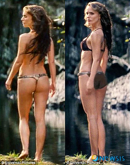【서울=뉴시스】나탈리 포트만의 엉덩이가 노출된 장면으로 화제를 모았던 영화 '유어 하이니스'(Ypur Highness)를 만든 영화사 유니버설이 그녀의 엉덩이를 다 보여주는 것이 부적절하다며 컴퓨터 그래픽으로 그녀의 엉덩이를 가렸다고 영국 데일리 메일이 24일 보도했다. 사진 왼쪽은 끈팬티 차림의 원본 필름 속 모습이고 오른쪽은 CG 처리를 통해 엉덩이를 가린 수정된 모습. <사진 출처 : 英 데일리 메일 웹사이트>