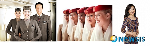 【서울=뉴시스】이민정 기자 = 항공사 승무원들의 유니폼은 유행에 민감하면서도 전통문화가 살아있어 항공사의 브랜드 일반인들이 가장 선망하는 유니폼이다. 유니폼이 아름다운 것으로 정평이 난 세 항공사의 승무원 유니폼. 왼쪽부터 아시아나 항공, 에미레이트 항공, 싱가포르 항공의 승무원 유니폼.&nbsp; photo@newsis.com 