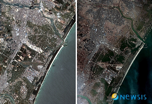 【대전=뉴시스】박병립 기자 = 교육과학기술부(장관 이주호)와 한국항공우주연구원(원장직무대행 임철호)이 일본 대지진으로 인한 쓰나미 피해를 입은 센다이 지역의 위성영상을 공개했다. 사진 왼쪽은 쓰나미 발생 전 모습이며 오른쪽은 발생 후 모습. 해안가 주변 가옥들이 쓰나미로 붕괴돼 형체가 사라지는 등 피해가 확인된다. (사진=한국항공우주연구원 제공) photo@newsis.com
