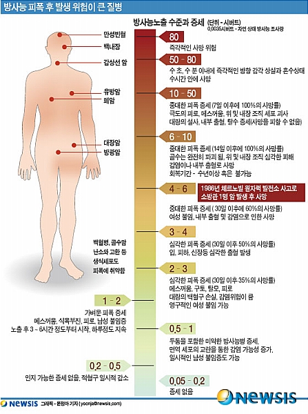 【서울=뉴시스】방사능 피폭 수십년 후 발생 위험이 큰 질병 (그래픽=윤정아 기자) yoonja@newsis.com