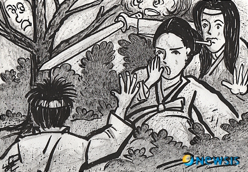 【서울=뉴시스】유광남 글·황현모 그림&nbsp; 7화 임진년 하우(夏雨) 69회&nbsp; 여름 밤의 빗줄기 사이로 날아든 음성은 서아지의 행동을 멈추게 했다. 그 목소리의 임자를 그는 이미 짐작하고 있었다.&nbsp; “날 방해하지마라 유키에!”&nbsp; 유키에는 빗속을 천천히 걸어서 다가왔다. 그녀는 걸음은 마치 산보를 즐기는 사람처럼 매우 느렸다. 서아지는 조급했지만 그녀의 말을 인내심 있게 기다렸다.