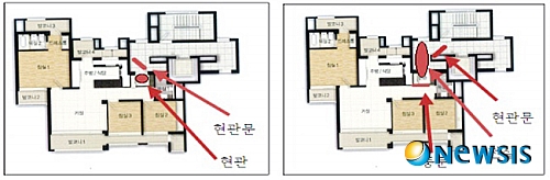 【대전=뉴시스】박희송 기자 = 공정거래위원회는 자영이 아파트 분양 광고를 하면서 공용면적인 복도에 '현관전실'을 설치해 준다고 하고 마치 이 공간이 개별 세대가 배타적으로 사용할 수 있는 주거전용면적인 것처럼 광고한 행위에 대해 6일 시정조치와 함께 법위반 사실을 적발했다. 현관전실 설치 전(왼쪽)과 설치 후 설계도. (사진=공정거래위원회 대전사무소 제공)&nbsp; photo@newsis.com 