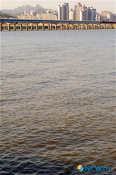 【서울=뉴시스】박동욱 인턴기자 = 16일 오후 서울 여의도 한강지구 일대에서 바라본 한강이 약간의 황톳빛을 띠고 있다. 한강 상류에서 흘러들어온 토사로 인해 이같은 현상이 일어난 것으로 관측된다.&nbsp; fufus@newsis.com