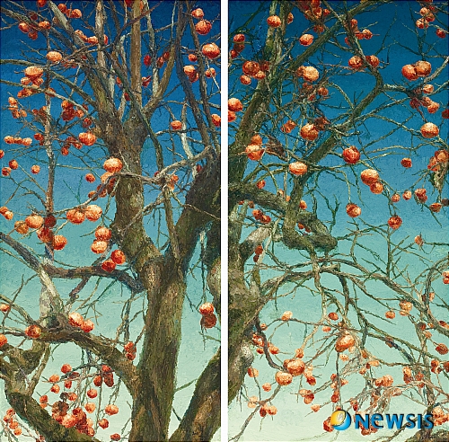 【서울=뉴시스】유상우 기자 = 서양화가 오치균(55)에게 감은 고향 땅의 그리움이자 추억이다.&nbsp; 가난했던 어린 시절 고향집 앞마당에 있던 커다란 감나무는 작가에게 생활고를 해결하기 위한 일거리였다. 어릴 적 가을은 곧 노동의 계절이었던 셈이다. 