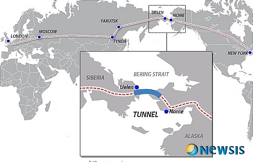 【서울=뉴시스】러시아가 오는 2030년까지 베링 해협 해저에 터널을 건설, 유라시아 대륙과 미주 대륙을 철도로 연결한다는 구상을 발표했다. (사진 출처 : 英 데일리 메일 웹사이트)