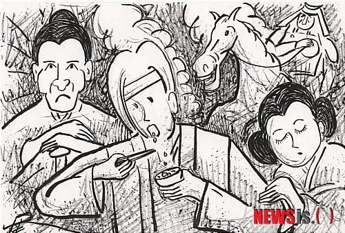 【서울=뉴시스】유광남 글·황현모 그림 16화 연인별곡(戀人別曲) 228회 해정의 입구로부터 급하게 한 필의 말이 달려오는 광경이 시야에 들어왔다. 자세한 인상착의는 알 수 없었으나 복장이 닌자(忍者) 차림이었고 서두르는 기색이 역력했다. 그의 등에는 령(令)이란 깃발이 바람에 펄럭였다.