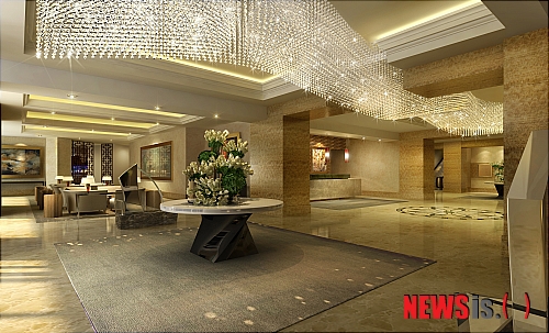 【부산=뉴시스】하경민 기자 = 부산 농심호텔은 1층 로비와 레스토랑 등의 새단장을 마치고 내달 6일 문을 연다고 30일 밝혔다. 사진은 리노베이션을 마친 호텔 로비. (사진=농심호텔 제공) yulnetphoto@newsis.com