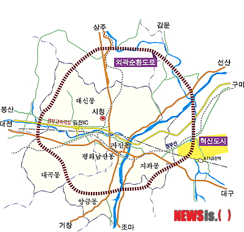 【김천=뉴시스】박홍식 기자 = 경북 김천시는 15일 도심 교통혼잡 해소와 물류비용 절감을 위한 방사 환상형 도로망을 구축키로 했다. 사업비 5351억원을 들여 총 연장 길이 43㎞ 4개 구간으로 나눠 추진될 환상형 도로망 구축 조감도.&nbsp;&nbsp; phs6431@newsis.com&nbsp; 