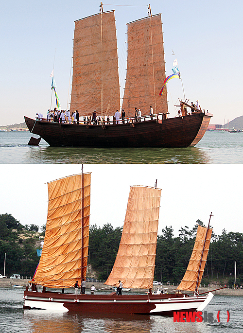 【대전=뉴시스】박희송 기자 = 문화재청 국립해양문화재연구소는 2012여수세계박람회 개막을 기념하기 위해 우리나라 전통배 발굴·계승차원에서 원형을 복원한 조선시대 조운선과 강진 옹기배를 11일부터 16일까지 여수 신항에서 열리는 범선축제에 출품·전시한다고 9일 밝혔다. 사진은 조선시대 조운선(위)과 강진 옹기배. (사진=문화재청 제공)&nbsp;&nbsp; photo@newsis.com 