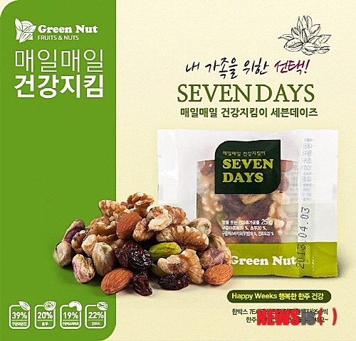 【서울=뉴시스】유희연 기자 = 견과류 전문 브랜드 그린너트는 호두, 구운 아몬드와 캐슈너트, 크랜베리 등의 견과류를 한 봉지에 담은 ‘매일매일 건강 지킴이 세븐데이즈’를 새롭게 선보였다고 19일 밝혔다.(사진=그린너트 제공) lovely_jh@newsis.com