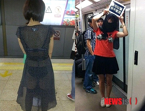 【서울=뉴시스】지난 20일 중국 상하이(上海) 지하철 당국이 공식 블로그에 올린 한 여성의 사진(왼쪽)과 24일 상하이 지하철 전동차 객실에서 한 여성이 과장된 금속 브래지어를 착용하고 얼굴을 가린 채 지하철 당국의 공고에 항의하며 퍼포먼스를 펼치는 모습. (사진출처: 산둥상보·山東商報))