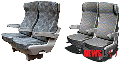 【대전=뉴시스】박희송 기자 = 코레일은 차량제작사인 현대로템이 기존 KTX-산천의 문제점을 개선, 새로 제작한 KTX-산천 5편성을 이달부터 영업에 투입한다고 19일 밝혔다. 사진은 KTX-산천의 일반실 의자 개선 전(왼쪽)과 개선 후로 발 공간이 20㎜ 높이 상향 조정, 등받이 두께 약 30㎜ 축소, 앞 공간 20㎜증대, 연꽃 무늬에서 산천어 비늘무늬로 변경했다. (사진=코레일 제공) photo@newsis.com