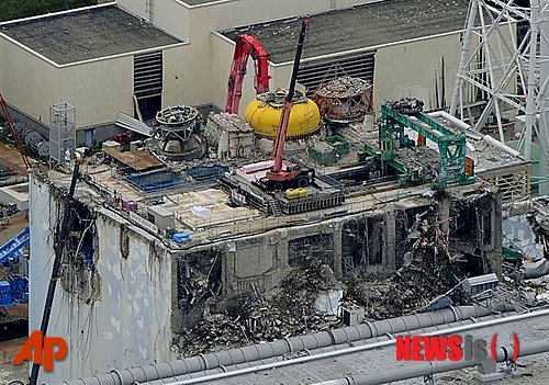 【도쿄=AP/뉴시스】일본 북동부 후쿠시마현(福島縣)현 오쿠마초(大熊町)에 있는 후쿠시마 제1 원자력발전소의 파손된 4호기를 18일 촬영한 항공사진. 지난해 원전사고 후 도쿄전력이 사용 후 저장조에서 연료봉 2개를 회수했다. 도쿄전력은 원자로 옆에 있는 사용 후 저장조의 연료봉 1535개를 안전한 장소로 옮겨야 한다.