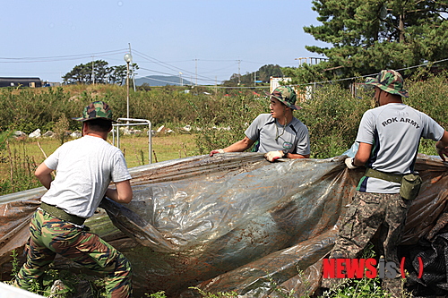 【보령=뉴시스】이진영 기자 = 전국이 제15호 태풍‘볼라벤’의 피해로 사랑의 손길이 이어지고 있는 가운데 육군 32사단 2대대(대대장 최성진) 8361부대 군 장병들은 지난달 31일 충남 보령시 천북면 학성3리 박성춘(53)씨 양어장에서 긴급 봉사활동을 펼쳤다.(사진= 32사단 보령2대대 제공)&nbsp; jin22666@newsis.com&nbsp; 