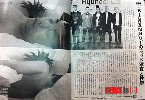 【서울=뉴시스】유상우 기자 = 그룹 '빅뱅'이 대마초 흡입(지드래곤)과 교통 사망사고(대성)에 이어 성추문에 휩싸였다. 일본 주간 '프라이데이'는 13일 '빅뱅 V.I(승리의 일본활동 이름)의 침대 사진과 버릇'이란 제목으로 승리(22·이승현)의 사생활을 폭로했다. 상의를 벗은 채 침대에 누워있는 승리의 사진도 함께 실었다. 승리와 하룻밤을 보낸 여성이 제공했다는 것이다. 이 여성은 프라데이와 인터뷰에서 "승리는 성행위 중 목을 조르는 버릇이 있다"고 전하기도 했다. 승리의 소속사 YG엔터테인먼트는 사실 여부를 파악 중이다. 한편 과거 가수 보아가 공원에서 일본인 댄서와 데이트하는 장면, 가수 아유미와 각트의 열애설 등을 보도한 잡지도 프라이데이다. swryu@newsis.com