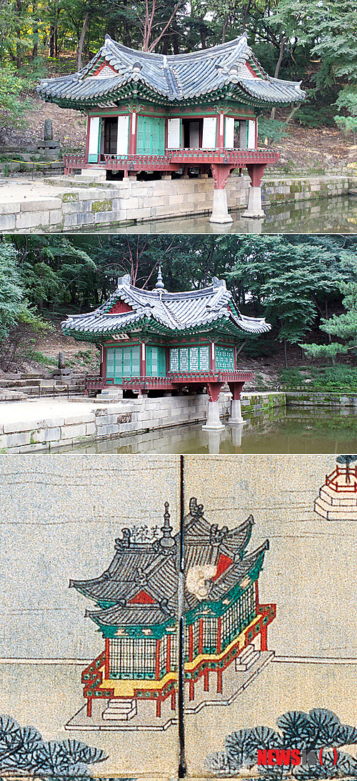 【대전=뉴시스】박희송 기자 = 문화재청 창덕궁관리소는 지난해 10월부터 진행된 부용정(芙蓉亭:보물 제1763호) 보수공사를 이달 17일에 끝내고 그 새로운 모습을 공개했다고 24일 밝혔다. 사진은 위부터 부용정 복원 전과 후, 동궐도. (사진=문화재청 제공)&nbsp; photo@newsis.com 