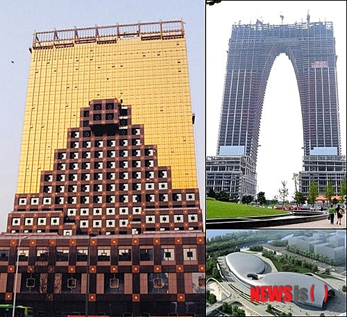 【서울=뉴시스】 최근 중국 내에서 논란이 일고 있는 '추한' 건물들. 왼쪽은 중국 랴오닝(遼寧)성 선양(瀋陽)시에 건설 중인 황금빛 팬티 모양의 건물, 오른쪽 윗 그림은 내복바지(치우쿠·秋裤)라는 별명을 얻은 중국 장쑤(江蘇)성 쑤저우(蘇州)시 '둥팡즈먼(東方之門)' 건축물, 오른쪽 아래는 장쑤성 항저우(杭州)시에서 건설되고 있는 비키니(比基尼)로 별명을 가진 대규모 체육관이다.(사진출처: 선양완바오(瀋陽晩報) 등 중국 언론)