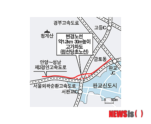 【성남=뉴시스】이정하 기자 = 1일 경기 안양시 석수동~성남시 여수동을 잇는 21.82㎞ 구간의 제2경인연결고속도로 구간 중 당초 성남시 서판교 경유 노선이 금토동 쪽으로 변경되면서 금토동 주민들이 반발하고 있다.&nbsp; jungha98@newsis.com&nbsp; 
