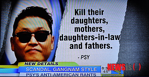 【뉴욕=뉴시스】노창현 특파원 = 가수 싸이가 과거 공연에서 미군을 죽이자는 선동적인 랩을 한 것과 관련, ABC-TV가 8일 ‘굿모닝아메리카’를 통해 ‘스캔들, 강남스타일’이라는 제목으로 상세히 보도했다. ABC는 싸이가 2002년 한국서 열린 공연에서 무대에서 장난감 탱크를 때려부수는 등 반미퍼포먼스 장면과 2004년 앨범 ‘디어 아메리카’에서 문제의 가사와 함께 싸이의 사과메시지도 소개했다. <사진=ABC-TV 캡처>&nbsp; robin@newsis.com