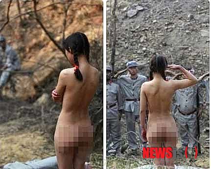 【서울=뉴시스】최근 웨이보 계정이 장장(張江)인 한 네티즌이 인터넷에 올린, 한 여성이 나체 상태로 중국 병사들과 서로 군례를 올리는 장면. 이 같은 장면이 반일 소재 영화에 나오면서 큰 논란이 됐다. 중국 언론들은 경건해야 할 반일 소재 드라마와 영화들이 자극적이고 저속하게 내용을 다뤄 물의를 빚고 있다고 비판하고 나섰다. (사진출처: 중국 동북신문망(東北新聞網))