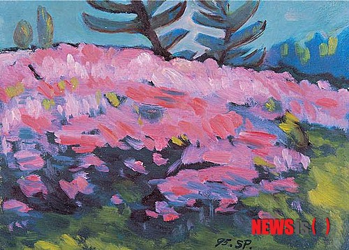 【전주=뉴시스】김운협 기자 = 20일 전북대학교 박물관은 '한국의 세잔'으로 불렸던 운봉(雲峰) 승동표 화백 특별전을 22일부터 내달 29일까지 개최한다고 밝혔다. 사진은 승 화백의 작품 '진달래 동산·1995'의 모습이다. (사진=전북대 박물관 제공) photo@newsis.com