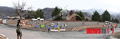 【음성=뉴시스】강신욱 기자 = 충북 음성군 생극면 동요마을 일대가 문화체육관광부 주최, 마을미술프로젝트 추진위원회 주관의 공공미술 프로젝트 사업에 당선됐다. 사진은 '노래하는 벽' 작품. (사진=음성군청 제공) photo@newsis.com