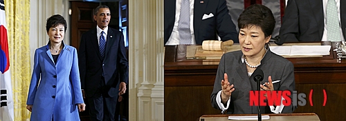 【서울=뉴시스】왼쪽부터 지난 5월7일(현지시각) 미국 워싱턴 백악관 이스트 룸에서 한·미정상 합동 기자회견을 갖기 위해 입장하고 있는 박근혜 대통령과 버락 오바마 대통령, 5월8일 미 의회 본회의장에서 상·하원 합동 연설중인 박 대통령. (사진=로이터 제공)&nbsp; photo@newsis.com