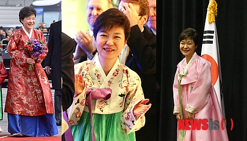 【서울=뉴시스】왼쪽부터 지난 2월25일 취임식에 이어 서울 광화문광장에서 열린 복주머니 개봉행사에 참석한 박근혜 대통령, 5월7일(현지시간) 미국 워싱턴 스미소니언 박물관에서 개최된 한미동맹 60주년 기념 만찬에 참석한 박 대통령, 5월8일 미국 로스앤젤레스(LA) 리츠칼튼호텔에서 LA동포간담회에 참석한 박 대통령. (사진=뉴시스DB, 청와대 제공)&nbsp; photo@newsis.com