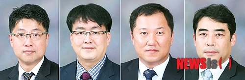 【괴산=뉴시스】강신욱 기자 = 충북 괴산군 중원대학교는 의생명과학과 교수 4명이 미래창조과학부와 한국연구재단에서 주관한 2013년도 이공분야 기초 연구 지원사업 상반기 신규 과제에 선정됐다고 11일 밝혔다. 사진 왼쪽부터 박상혁·배태수·석헌·송동진 교수. 2013.06.11. (사진=중원대학교 제공)&nbsp;&nbsp; photo@newsis.com 