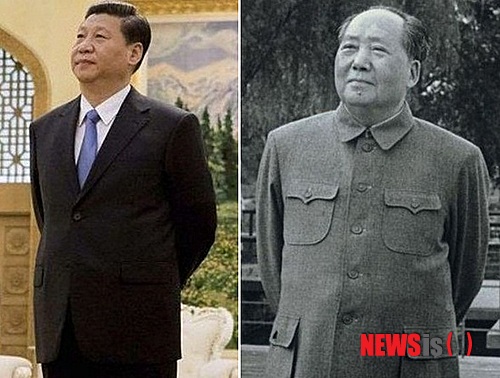 【서울=뉴시스】중국 시진핑(習近平) 국가주석(왼쪽), 중화인민공화국을 건국한 故 마오쩌둥(毛澤東) 전 주석의 생전 모습. 최근 베이징 정가에서는 "시진핑 주석이 시중쉰의 아들이기보다 마오의 손자 같다는 말이 유행되고 있다"는 주장이 제기되고 있다.(사진 출처: 바이두) 2013.6.13 