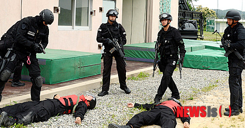 【광주=뉴시스】배동민 기자 = 13일 오전 광주 광산구 대산동 경찰특공대 훈련장에서 육·해·공군 헌병특임대와 경찰특공대가 합동 대테러 훈련을 실시하고 있다. 2013.06.13.&nbsp;&nbsp; guggy@newsis.com