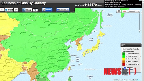 【서울=뉴시스】 일본의 방사능 측정치부터 남자 생식기 크기, 여자 가슴사이즈까지 특이한 통계나 분포를 보여주는 타겟맵이 선보인 '여자꼬시기 난이도' 세계지도의 일부. 이 지도에서는 빨강, 오렌지, 노랑, 연두, 초록 등 5가지 색깔로 각 나라에서 여성꼬시기 난이도 정도(등급)를 표시했다. 각 색깔은 순서대로 '매우 어렵다', '어렵다', '평균 정도', '쉽다', '매우 쉽다' 등을 나타낸다. (사진출처: 타겟맵 캡쳐) 