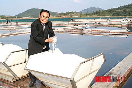 【영광=뉴시스】배상현 기자 = 지난 22일 전남 영광의 영백염전 김영관회장이 국내 최고의 친환경염전에서 생산되는 소금을 들여 보이고 있다. 그는 40여년전 이곳을 염전으로 만들어 현재까지 `소금쟁의' 인생을 살고 있다. 2013.10.24 praxis@newsis.com