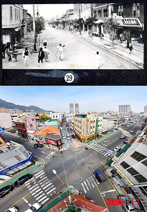 【대전=뉴시스】박희송 기자 = 문화재청 국립해양문화재연구소는 '항구도시 목포의 추억 1번지, 오거리'라는 주제로, 오는 12월3일~2014년 2월23일 연구소 전시관 기획전시실에서 특별전을 연다. 사진은 지난 1930년대 오거리(위)와 현재 오거리 모습. 2013.11.27. (사진=문화재청 국립해양문화재연구소 제공)&nbsp; photo@newsis.com 