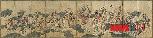 【서울=뉴시스】'해상군선도' 병풍 전체 (각 101.0×41.0㎝, 비단에 색, 조선)&nbsp; 
