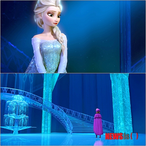 【서울=뉴시스】손정빈 기자 = 서러운 시간이었다. 드림웍스가 '슈렉' '쿵푸팬더' 시리즈를 내놓으며 작품성과 대중성 모두에서 인정받고, 픽사가 '토이 스토리' 시리즈와 '월 E' '업' 등 걸작 애니메이션을 쏟아낼 때 디즈니는 '인어공주' '미녀와 야수' '라이언 킹' 등이 이뤄놓은 옛 영광을 추억하며 손가락만 빨아야 했다. 그랬던 디즈니가 '애니메이션 최초 1000만 관객 돌파'라는 전인미답의 경지로 돌아왔다. 완벽한 복귀전 승리다. 디즈니가 이룩한 '고전 애니메이션'을 스스로 뛰어 넘어 '뉴 클래식'을 창조하며 컴백한 것이다. 그 이름 '겨울왕국'(감독 크리스 벅·제니퍼 리)이다. 수입·배급사 소니 픽쳐스 릴리징 월트 디즈니 스튜디오스 코리아에 따르면 '겨울왕국'은 2일 오전 11시20분 개봉 46일 만에 1000만 관객을 넘어섰다. 국내 개봉 외화로는 '아바타'(감독 제임스 캐머론) 이후 두 번째이고, 애니메이션으로는 최초다. 개봉 전 '겨울왕국'이 1000만 관객을 불러 모으리라고 예상한 사람은 없었다. 2일(현지시간) 열리는 아카데미 시상식 등 각급 시상식 애니메이션 부문 후보에 올라 있다는 것, 주제가가 좋다는 것 정도만 알려졌을 뿐이다. '겨울왕국'은 어떻게 1000만 관객을 넘어설 수 있었을까. 일등공신은 역시 이 뮤지컬 애니메이션의 주제곡인 '렛잇고(Let It Go)'를 위시한 뮤지컬 넘버다. '겨울왕국'은 '논스톱' '폼페이, 최후의 날' '찌라시, 위험한 소문' '수상한 그녀'에 밀리며 박스오피스 5위로 주저 앉았지만 '렛잇고'는 여전히 각 음원 차트 5위 안에 올라있다는 사실은 이 노래의 인기를 실감케 한다. '겨울왕국'의 흥행이 절정에 달했던 설날 연휴에는 '렛잇고'뿐 아니라 '두 유 원트 투 빌드 어 스노맨(Do You Want To Build A Snowman)' '러브 이즈 언 오픈 도어(Love Is An Open Door)' 등 다수의 노래가 음원차트 상위권을 휩쓸었다. '겨울왕국'의 뮤지컬 넘버는 극과 분리해 놓고 들어도 충분히 좋은 노래들이지만 폭발력은 결국 음악과 영상이 만났을 때 생겨난다. '렛잇고'는 주인공 '엘사'가 묶었던 머리를 풀어버리고, 마치 피겨스케이팅을 하듯 얼음판을 미끄러지면서 자신만의 성을 만드는 장면과 최적으로 조합한다. '두 유 원트 투 빌드 어 스노맨'은 어린 '안나'가 성인이 되는 과정 그리고 언니 '엘사'를 그리워 하는 모습과 결합할 때 더 재밌는 노래다. 다수의 관객이 영화의 쾌감과 재미를 다시 한 번 느끼기 위해 '겨울왕국'의 노래를 찾게 되고, 입소문과 함께 '겨울왕국'을 자연스럽게 홍보하는 수단이 된 것이다. 여기에 가수들의 '렛잇고' 커버와 패러디가 이어지면서 '겨울왕국'을 보지 않을 수 없는 상황이 만들어진 측면도 있다. 임진모 음악평론가는 "'겨울왕국'의 OST는 디즈니 만의 화성을 충실히 따르고 있고, 기본적으로 괜찮은 음악"이라며 "각 캐릭터와 스토리에 음악이 정확하게 결합하면서 지금과 같은 파괴력을 갖게 됐다"고 분석했다. 단, "디즈니의 뮤지컬 넘버 중 역대 최고라는 찬사는 과한 것 같다"는 판단이다. 뛰어난 기술적 완성도는 '겨울왕국'의 1000만 관객을 가능케 한 또 다른 요소다. 디즈니의 기술력은 이 영화의 제목 그대로 '겨울' 풍경을 담아내는 데서 명확하게 드러난다. '엘사'가 눈과 얼음을 활용한 마법을 부리는 장면은 역동적이고, 눈에 묻힌 성과 마을을 비출 때는 서정적이다. 눈 결정 모양을 활용해 만든 '엘사'의 성과 성 안의 샹들리에부터 메달 장식까지, 눈을 시각적 모티브로 삼아 만들어진 이미지들이 관객을 현혹한다. 명징한 이미지 제시는 20여년 전 디즈니 애니메이션이 큰 성공을 거둘 때의 모습과 일치하는 측면도 있다. '인어공주'에서 묘사된 바다 속 풍경, '미녀와 야수'의 신나는 파티 장면, '라이언 킹'에서 볼 수 있었던 아프리카 초원의 모습은 관객을 영화에 더욱 빠져들게 했다. '겨울왕국'은 디즈니의 전통적인 흥행공식을 눈을 통해 재현해낸 것이다. 황진미 영화평론가는 "'겨울왕국'의 이미지는 환상적이라는 말 외에는 달리 표현할 방법이 없다"며 "눈과 얼음으로 세계를 디자인하는 능력이 탁월하다"고 짚었다. 또 "설경이 이미 만들어진 것이 아니라 만들어지는 과정을 보여주는 데서 오는 신비로움도 관객이 이 영화를 좋게 볼 수밖에 없게 만든다"고 봤다. 극중 '안나'는 이런 대사를 한다. "마법에는 눈이 어울려." 이전에는 볼 수 없던 캐릭터와 이야기도 특기해야 한다. 특정 성격을 부여받은 인물이 특정 상황에서 어떻게 행동하는지 관찰하는 것이 극이라고 볼 때, 캐릭터와 이야기는 엄밀히 따지면 같은 말이라고 할 수 있다. 이것이 바로 '겨울왕국'이 기존의 평면적 이야기에서 탈피했다는 평가를 받는 이유다. '엘사'는 여지껏 디즈니가 만든 주인공 중 가장 섹시한 캐릭터다. 단순히 짙은 눈화장과 몸매가 그대로 드러나는 옷을 입어서가 아니다. 봉인됐던 자신의 능력을 한껏 표출하며 "이제는 혼자 살겠다"고 외치는(이때 나오는 노래가 '렛잇고') 캐릭터는 어떤 애니메이션에도 없었다. 언제나 왕자나 주위 사람의 도움을 통해 어려움을 극복하던 디즈니 애니메이션의 전통적인 여주인공들과는 완전히 차별화된 인물이다. 캐릭터가 독특하니 이야기는 기존의 틀을 그대로 따라가는 것이 불가능하다. 자신의 삶을 적극적으로 개척해 나갈 의지가 있는 주인공이 왕자에게 의지해 살아간다는 것은 앞뒤가 맞지 않는다. 죽음 일보직전의 '안나'를 살리는 것이 남자의 키스가 아니라 자매의 사랑이라는 설정은 캐릭터가 자연스럽게 만들어낸 이야기인 셈이다. '새로운 고전'이라는 말은 여기에서 비롯됐다. 흔히 '디즈니 애니메이션'하면 떠올릴 수 있는 것들을 가장 먼저 지운 것이 관객들에게 좋은 반응을 얻은 것이다. 세종대 애니메이션학과 한창완 교수는 "디즈니에는 '뮬란'이나 '메리다' 같은 여전사 캐릭터도 있었다"면서도 "이런 캐릭터들은 상품화된 페미니즘의 도구로 쓰인 측면이 있다"고 설명했다. "반면 '겨울왕국'의 '엘사'는 처음부터 끝까지 남자 한 명 없이 혼자서 삶의 비극을 극복해낸다. 이러 면에서 '겨울왕국'의 캐릭터가 새롭다고 할 수 있는 것"이라고 평했다. 건국대 영화과 송낙원 교수는 "'겨울왕국'은 디즈니 특유의 선택받은 사람들의 이야기에 픽사의 세계관이 투입된 작품"이라며 "이런 변화가 '겨울왕국' 성공의 밑바탕"이라고 풀이했다. 어린이들에게 절대적인 지지를 얻고 있는 눈사람 '올라프' 또한 기억해야할 캐릭터다. 귀여운 몽상가인 '올라프'는 슬랩스틱 코미디로 아이들을 웃기고, "친구를 위해서는 녹아도 괜찮아"라고 말하는 순수함으로 성인 관객의 마음마저 움직인다. '올라프'는 디즈니 애니메이션의 조연 중 가장 인상적인 인물로 남을 게 분명하다. 가족용 뮤지컬을 1만원 정도의 돈으로 즐길 수 있다는 점도 '겨울왕국'의 흥행을 가능하게 한 요인 중 하나다. 최근 뮤지컬 시장은 주요 관객층인 20, 30대 여성을 타깃으로 한 공연이 대부분이어서 가족이 함께 즐길 수 있는 뮤지컬은 찾아보기 힘든 상황이다. '겨울왕국'은 이런 틈을 잘 파고 들었다. '겨울왕국'은 일반적인 뮤지컬 티켓 한 장 값으로 수준 높은 뮤지컬 한 편을 볼 수 있는 기회를 제공한 셈이다. jb@newsis.com