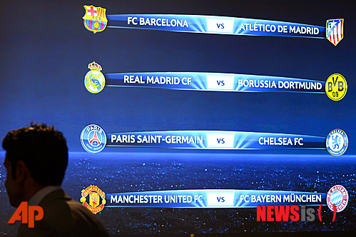 【니옹(스위스)=AP/뉴시스】2013~2014시즌 유럽축구연맹(UEFA) 챔피언스 리그 8강 대진이 확정됐다.&nbsp; UEFA는 21일(한국시각) 스위스 니옹에서 챔피언스 리그 8강전 대진 추첨을 진행했다.&nbsp; 그 결과 FC 바르셀로나-AT마드리드, 레알 마드리드-보루시아 도르트문트, 파리 생제르맹-첼시 FC, 맨체스터 유나이티드-FC 바이에른 뮌헨