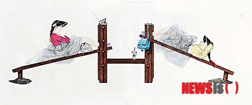 【서울=뉴시스】김현정 '내숭: 우연을 가장한 만남'(각 129×153㎝, 한지 위에 수묵담채, 콜라주, 2014)
