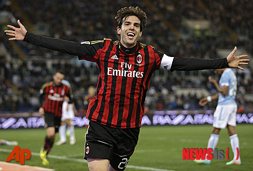 FILE - In this March 23, 2014 file photo, AC Milan's Kaka celebrates after he scored during a soccer match against Lazio at Rome's Olympic Stadium. Kaka has ended his contract with AC Milan, leaving him free to sign with Orlando City Soccer Club. Kaka will fly to the United States on Monday night, June 30, 2014, to sign with the new Major League Soccer franchise. (AP Photo/Andrew Medichini, File)