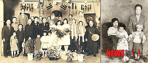 【증평=뉴시스】강신욱 기자 = 충북 증평군의 대표적인 독립운동가 연병환 선생의 딸인 연미당과 임시정부 핵심인물인 엄항섭의 1927년 결혼식에 김구·이동녕·안창호·조완구 선생 등 임시정부 요인들이 함께하고 있다(왼쪽 사진). 오른쪽 사진은 연미당이 남편 엄항섭과 함께 가족과 찍은 사진. 2014.07.14. (사진=백범김구기념관 발간 백범회보 캡처) photo@newsis.com