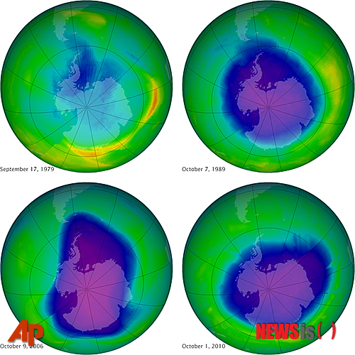 【워싱턴=AP/뉴시스】미 항공우주국(NASA)이 제공한 변화된 오존층 사진들. 상단 왼쪽은 지난 1979년 9월17일자, 상단 오른쪽은 지난 1989년 10월7일자, 하단 왼쪽은 2006년 10월9일자, 하단 오른쪽은 2010년 10월1일자 사진이다. 유엔 소속 과학자들이 10일(현지시간) 한 보고서에서 지구를 보호하는 오존층이 회복되기 시작했다며 이는 자연환경에 이례적으로 좋은 소식이며 전 세계가 협력하면 환경 위기를 완화할 수 있다는 것을 보여주는 것이라고 평가했다. 2014.09.11