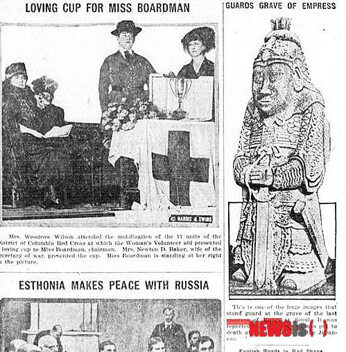 【뉴욕=뉴시스】노창현 특파원 = 1904년 10월21일 네브라스카 애드버타이저는 삽화를 곁들여 고종이 명성황후의 무덤에 일년에 두 번씩 병사들을 이끌고 행차했다면서 “이 길은 폭이 50피트나 되며 극동에서 가장 좋은 도로”라고 소개했다. 사진 오른은 1920년 8월2일 노스플랫 세미위클리 트리뷴에 실린 명성황후 무덤의 장군석. 2014.10.10. <사진=미의회도서관 DB> robin@newsis.com 