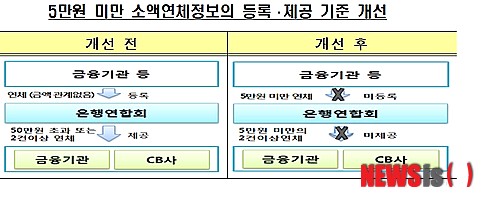 【서울=뉴시스】장진복 기자 = 소액 연체자의 신용평가상 불이익을 해소하기 위해 오는 11월3일부터 5만원 미만의 대출 소액 연체정보가 은행연합회에 등록되지 않을 전망이다. 2014.10.30. (자료 = 금융감독원 제공)&nbsp; photo@newsis.com 