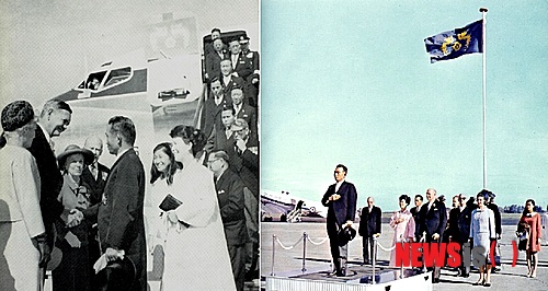 【서울=뉴시스】박정희 대통령 부부와 근혜양이 고튼 총리 부부의 영접을 받았다(왼쪽) 뉴질랜드 도착