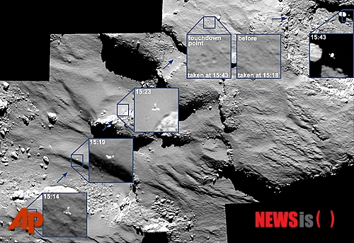 【AP/뉴시스】14일 7개월 만에 지구 에 연락을 보낸 우주선 필레 자료사진. 유럽이 보낸 혜성 착륙선 필레가 지난해 11월12일 혜성 '67P'에 뛰어내리는 장면을 연속으로 보여주고 있다. 이 사진은 모선인 로제타 우주선에 장착된 오시리스 카메라가 혜성 위 15.5㎞에서 잡은 것이다. 2015. 6. 14&nbsp;&nbsp;&nbsp;&nbsp; 
